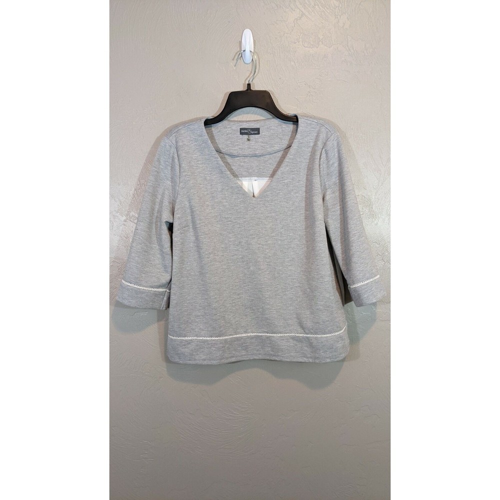 Market & Spruce Womens Large Grey Sonal Lattice Trim Mixed Media Knit Top